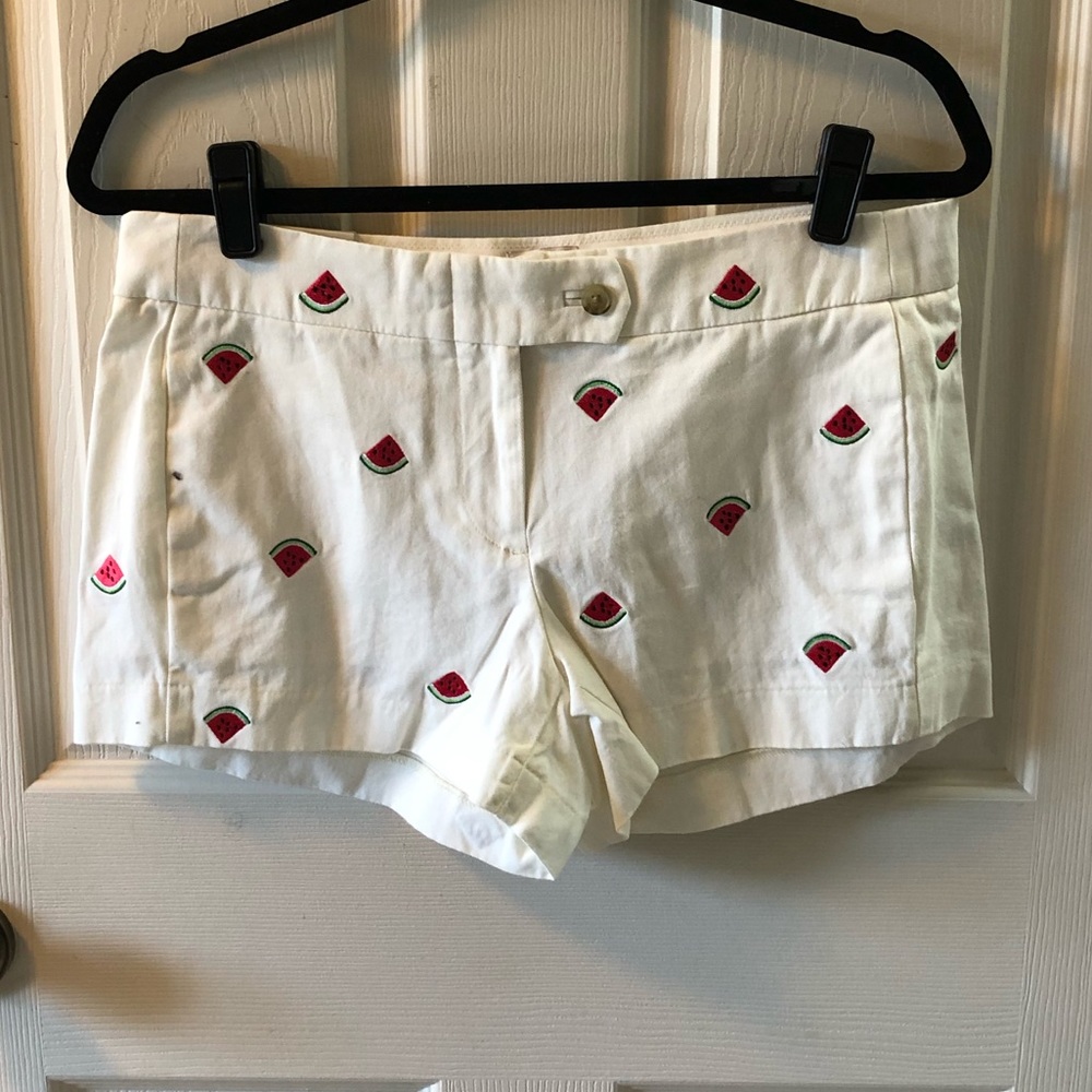 J. Crew White Shorts with Red & Green Watermelon Embroidery